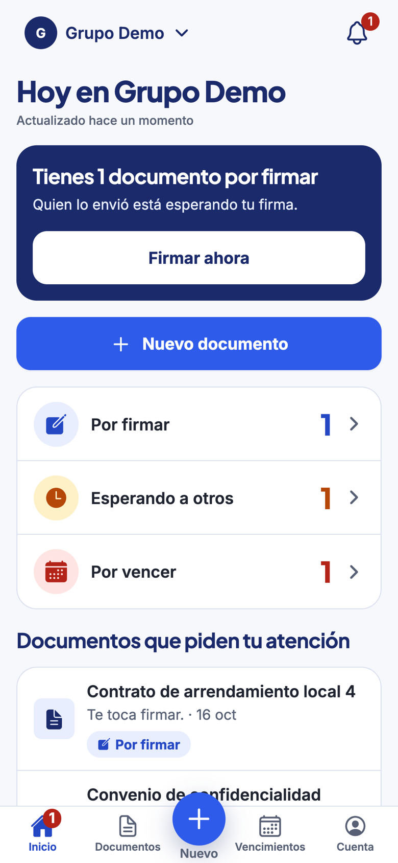 Inicio de la app de e-sign con los documentos pendientes