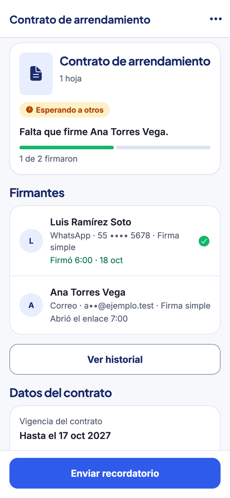 Envío de un contrato desde la app de e-sign